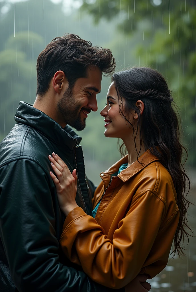 "The husband smiles warmly at his wife, his face full of love and care. Despite being drenched by the rain, he looks content and focused on his wife's happiness. The rain continues to fall gently around       them."