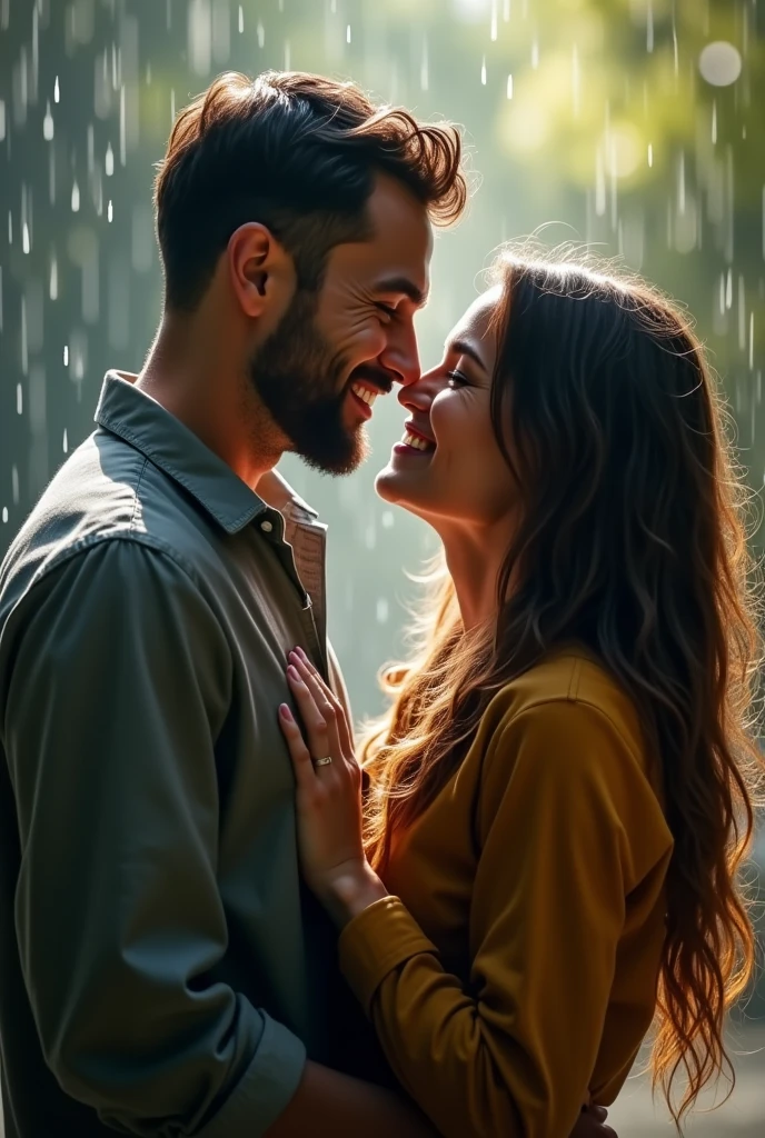 "The husband smiles warmly at his wife, his face full of love and care. Despite being drenched by the rain, he looks content and focused on his wife's happiness. The rain continues to fall gently around them."