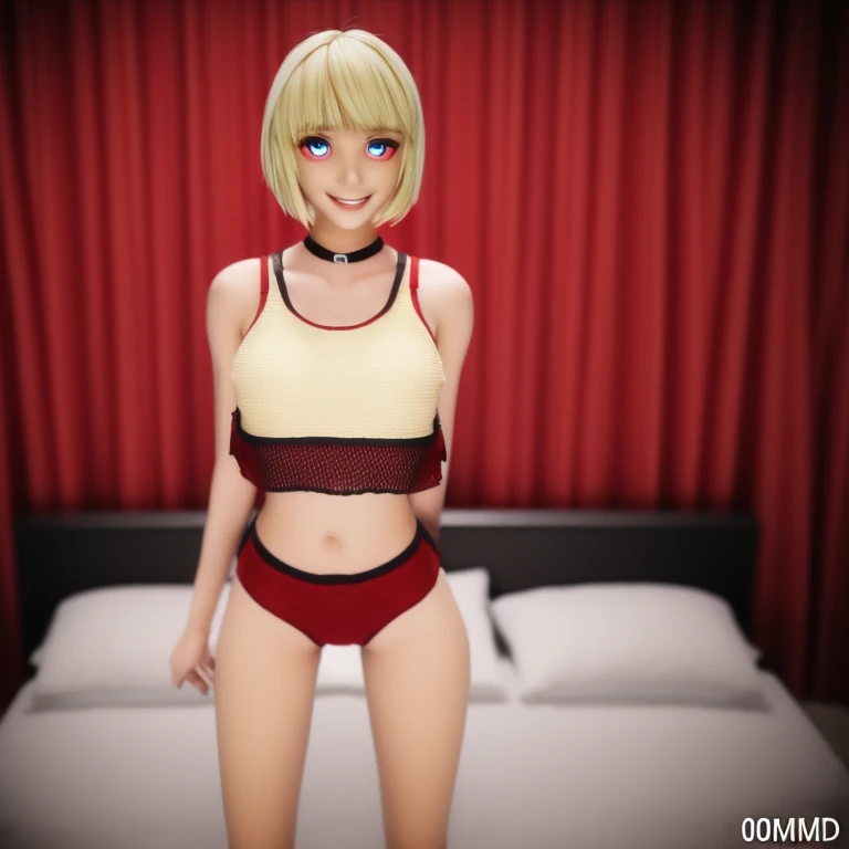 0_mmd, standing, 1girl, solo, full body, blund bangs, blonde short hair, red eyes, large breasts, crop top, panties, bedroom, smile, looking at viewer, 