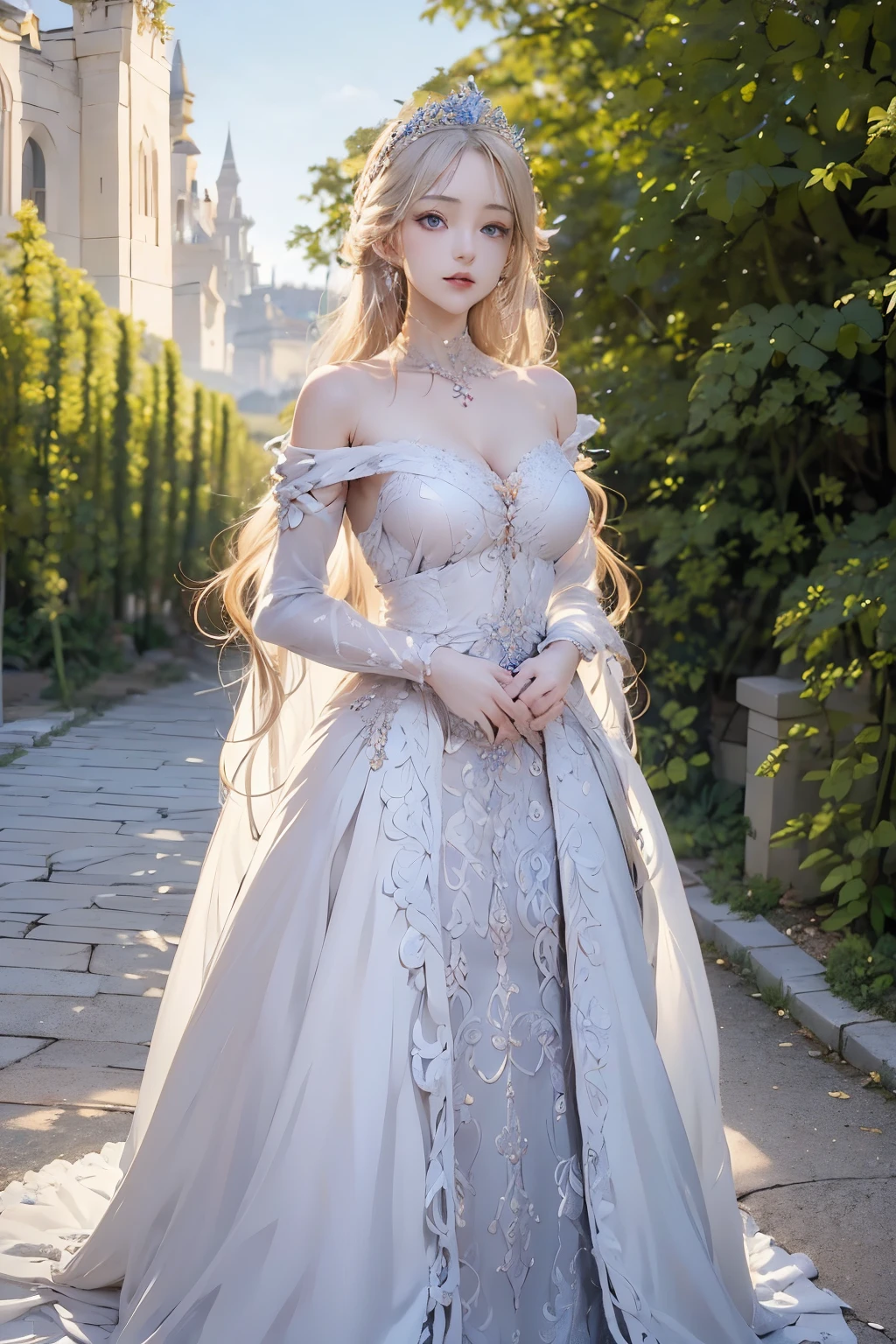 masterpiece, mackerel, very detailed,  intricate details, depth of field, 1 girl, Queen, royal crown, coronation gown, Queen dress, evening gown, outdoor background. The background is a luxurious castle, There are some clouds., Best sunlight. There are two long flower beds by the side of the road., Queen is standing on the path. Her face is gorgeous., beautiful, confidence. She wears a lot of luxury jewelry.. She has blue eyes., Platinum blonde shiny long hair. There is a castle behind her.