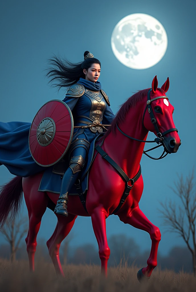 (masterpiece, best quality, beauty, best ratio, best shadows) uhd,china female kungfu, korean beauty like tae yon, full posture fully visible, shining red eyes, windblown hair, wear blue mate general full body armor boots, gold hoody, left hand holding big red emperor shield and right hand holding long spear, on red war horse crosing on field. night sky, full moon, and willow trees seen on far away. use the RenderMan renderer.digital art. High definition, high contrast,high color saturation,128k,cinematic lighting, intricate,cinematic advertising photograph,cinema lens,high res.