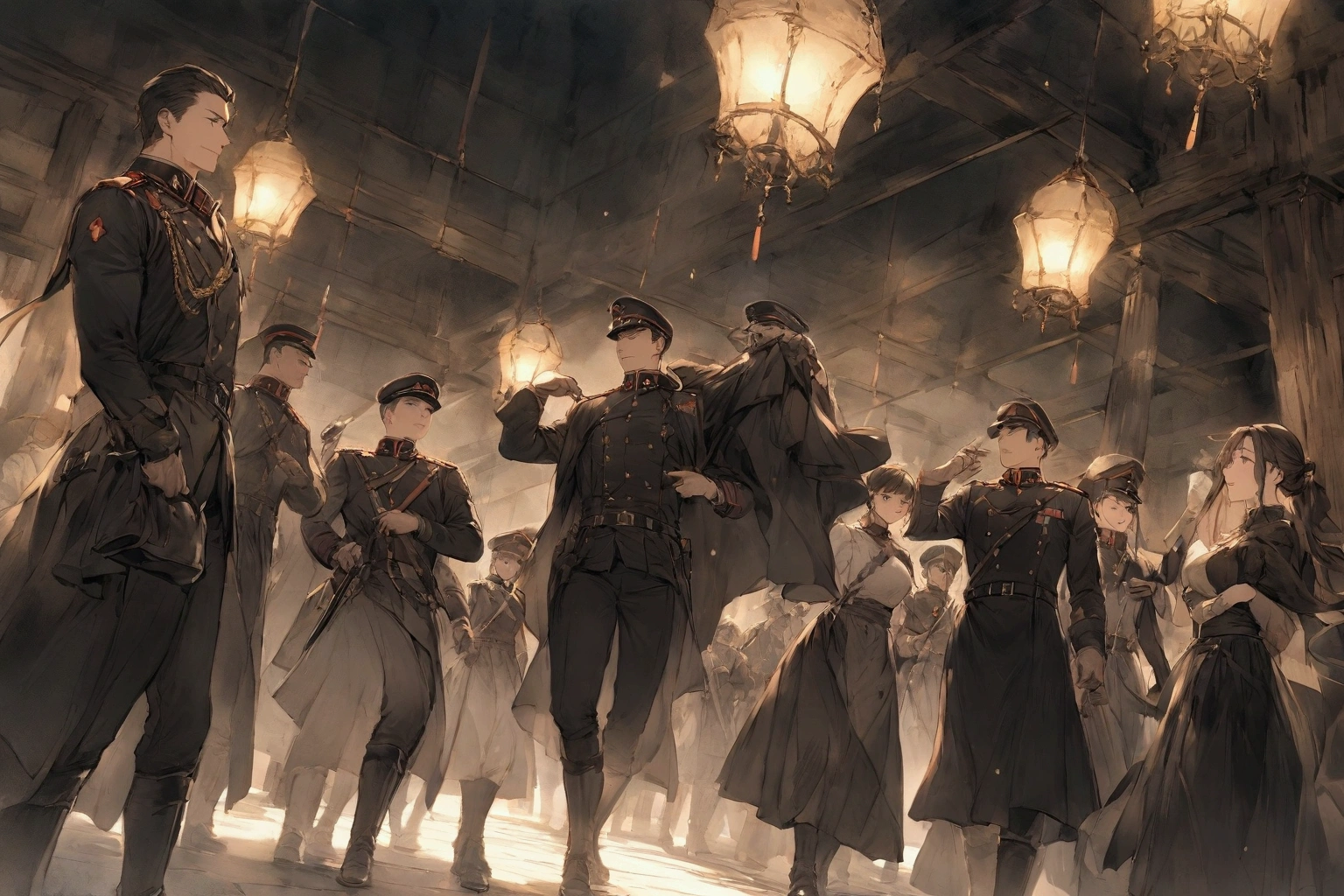 Human soldiers,Multiple young men and women,at night,barracks,Modern military uniform,Wearing Napoleonic-era military uniform,French army,Black and white military uniform,身穿拿破仑时代French army军装,Celebrate the victory,A man is wiping a stick,blue Champagne,欢快的Celebrate the victory,Holding a red and black rag,一个人在画面中心Holding a red and black rag布高唱着,
