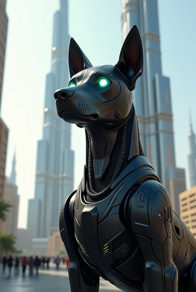 A black dog , eyes Robot, backside bhurjkhalifa, 