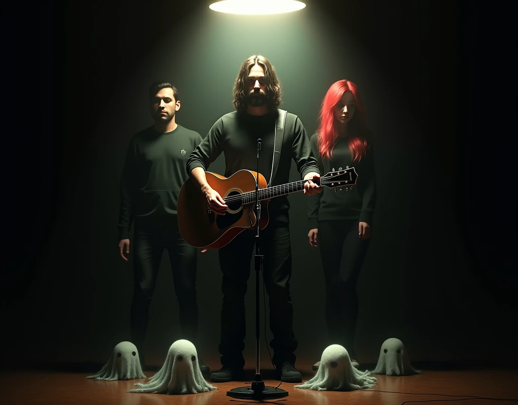 Make a dark room with a lamp above making it throw light towards the floor, the light reveals a microphone, Little ghosts and monsters come out of the microphone, Behind the microphone is a man with long hair and a beard., holding a guitar, another slightly smaller man in a black sweatshirt and a red-haired woman, There are only three people, Their faces are not seen 
