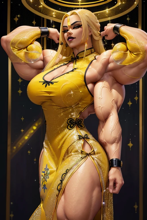 (Close view), tall, (yellow hair), beautiful muscular Latino woman, long flowing hair, light brown skinned, closed smile, (black lipstick), ((massive muscles)), (hyper muscle), ((ginormous bulky muscles)), grey eyes, ((((yellow sparkly cheongsam dress embroidered with futuristic designs)))), gauntlets, choker, thigh high lace socks, (in japan)