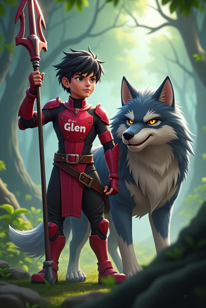 Generate a picture of popol and kupa in mobile legends bang bang.
Popol is a boy and kupa is a wolf
Weapon: spear holding by popol
Outfit: red cybord body with very clear and not hidden print of "GLEN".
Background:more realistic in war forest.
