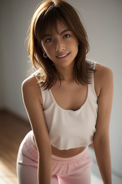 1girl, beautiful woman pink tank top jacket、Pink Panties, skinny, perfect body, defined abs, gold hair, standing in a white wall photography studio, ultra-detailed face, beautiful eyes, beautiful lips, double eyelids, shy smile, trimmed bangs, sun-kissed skin, hint of pubic hair, (best quality, 8k, masterpiece:1.3), frontal and full-body shot, pussy line, front facing, open legs