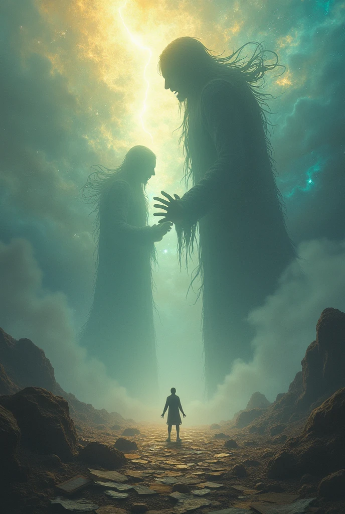 "Depict a lone figure standing through a dreamlike, otherworldly landscape, desperately reaching out to grasp towering, ethereal giant silhouettes. These giant creatures shimmer with hues of gold, blue, and purple, representing the cycle of time passing. The figure’s hands pass through the silhouettes as they begin to dissolve into the misty air, evoking a sense of fleeting presence. The ground is a patchwork of faded, torn pages, and the sky above shifts rapidly, bathed in swirling, otherworldly colors that create an atmosphere of urgency and longing."