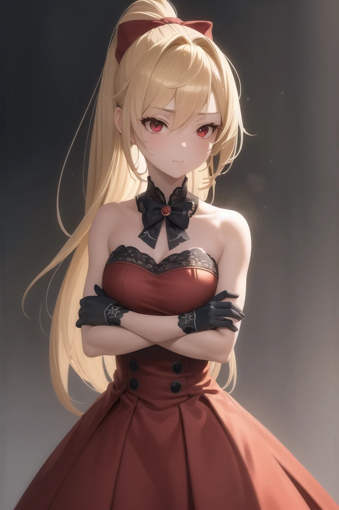 light particles, soft lighting, volumetric lighting, intricate details, finely detailed, backlighting,
1girl, solo, standing, upper body, crossed arms,
blonde hair, long hair, high ponytail, hair intakes, sidelocks, red bow,
red eyes, looking at viewer, tsurime, half-closed eyes,
red dress, off shoulder, bare arms, gloves,
black background, simple background,