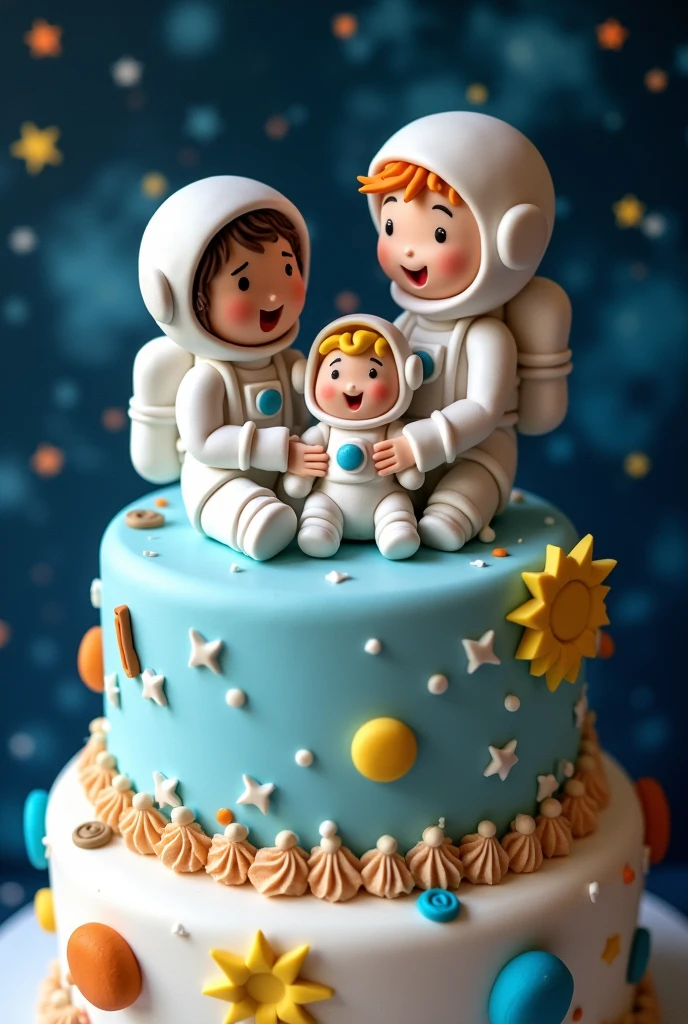 Baby shower cake for boy, mom and dad astronaut receiving the baby astronaut 
