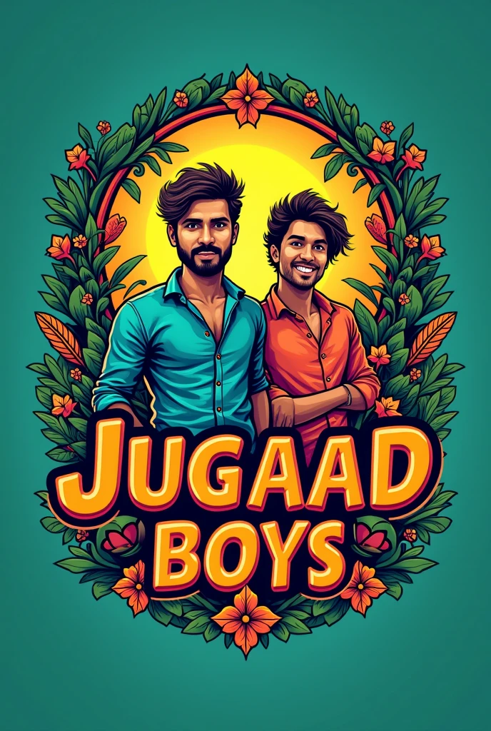 Logo design for jugaad boys in Indian style for traveling,food , entertainment vlogs , cricket in content creation in vibrant jungle look  