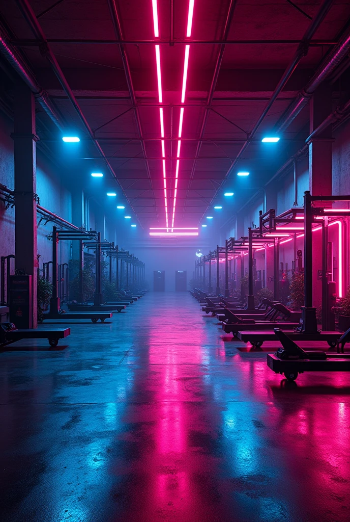 CrossFit warehouse with neon lights and no people 
