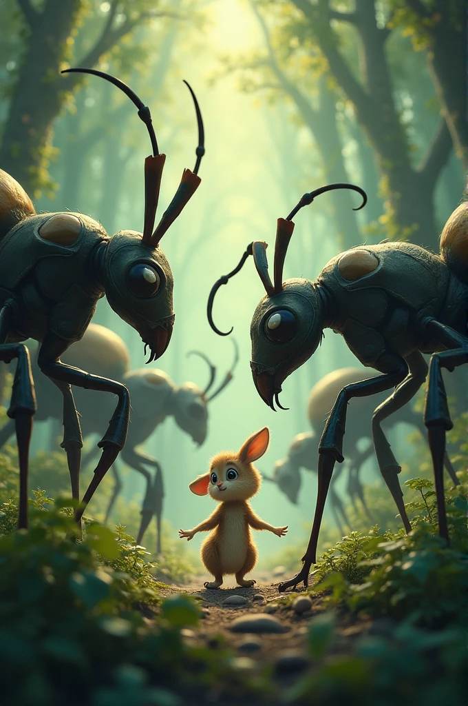 A rabbit in a forest surrounded by giant ants 