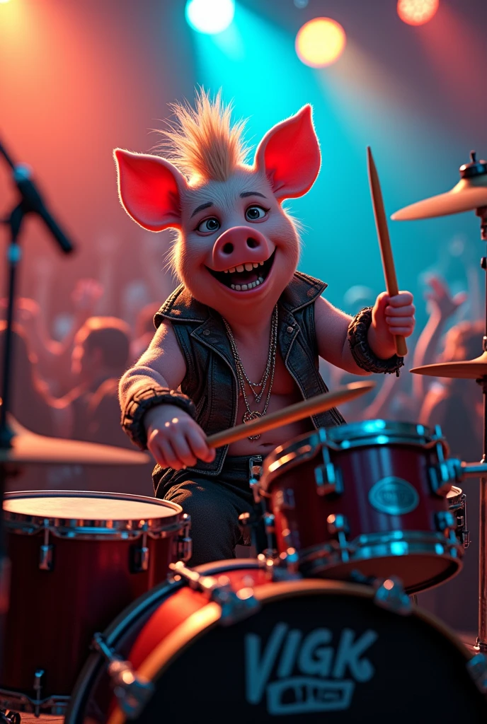 A punk pig with a nose piercing playing drums at a concert