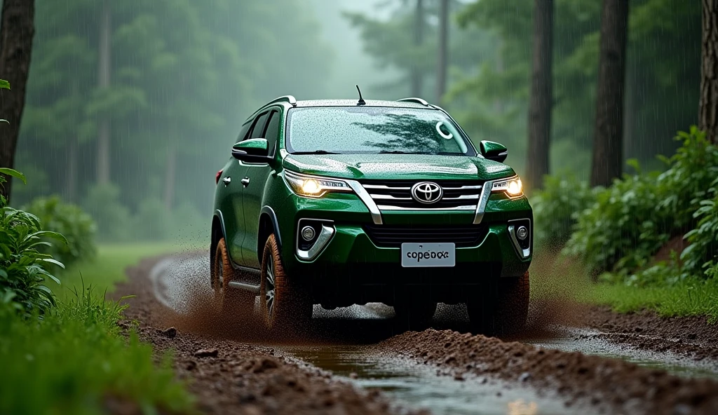 toyota fortuner dark green colour on the road of forest with rain