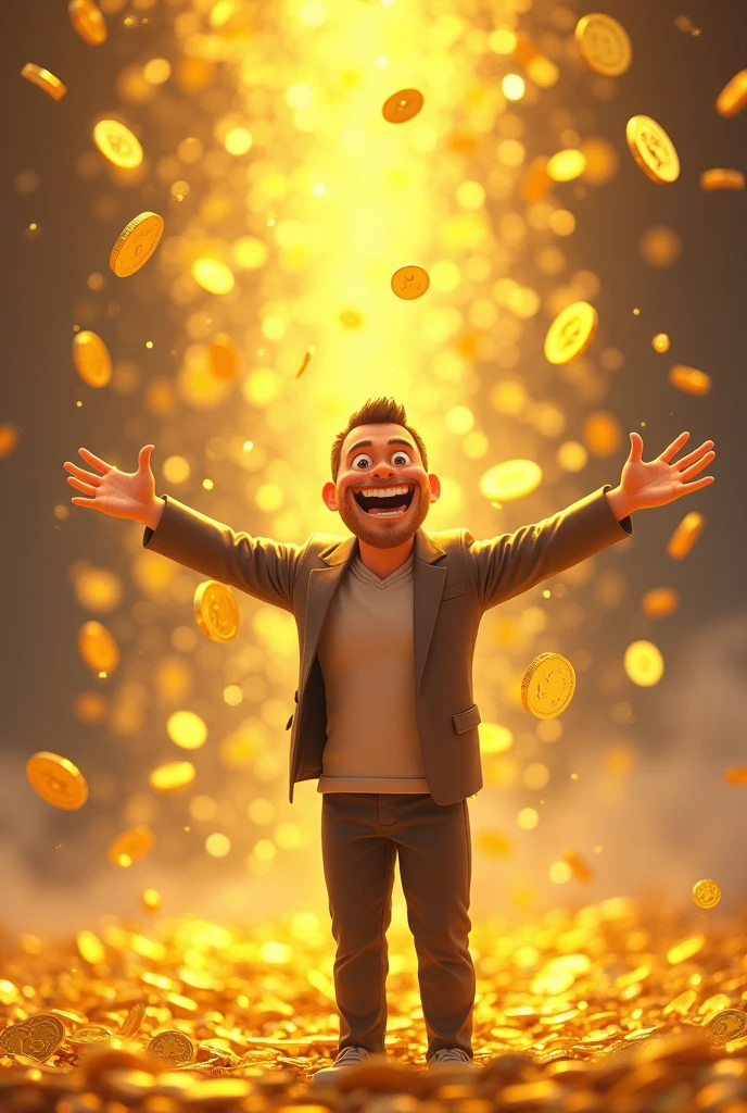Gold coins rain down on a man with his arms outstretched and a big, bottomless, cartoon-style smile
