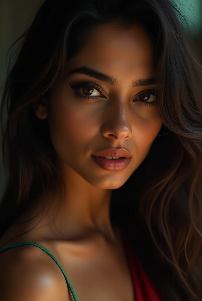 a beautiful mysterious Indian woman, intricate detailed face, piercing eyes, long eyelashes, delicate skin, natural beauty, flowing hair, candid elegant pose, dramatic lighting, cinematic mood, vibrant color palette, chiaroscuro lighting, high quality, photorealistic, 8k, intricate details, professional rendering