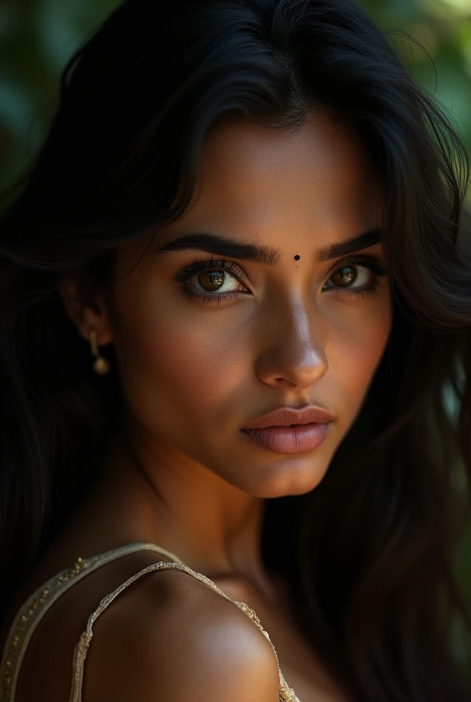 a beautiful mysterious Indian woman, intricate detailed face, piercing eyes, long eyelashes, delicate skin, natural beauty, flowing hair, candid elegant pose, dramatic lighting, cinematic mood, vibrant color palette, chiaroscuro lighting, high quality, photorealistic, 8k, intricate details, professional rendering