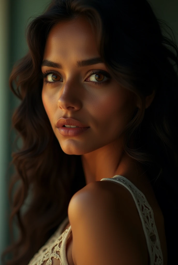 a beautiful mysterious Indian woman, intricate detailed face, piercing eyes, long eyelashes, delicate skin, natural beauty, flowing hair, candid elegant pose, dramatic lighting, cinematic mood, vibrant color palette, chiaroscuro lighting, high quality, photorealistic, 8k, intricate details, professional rendering