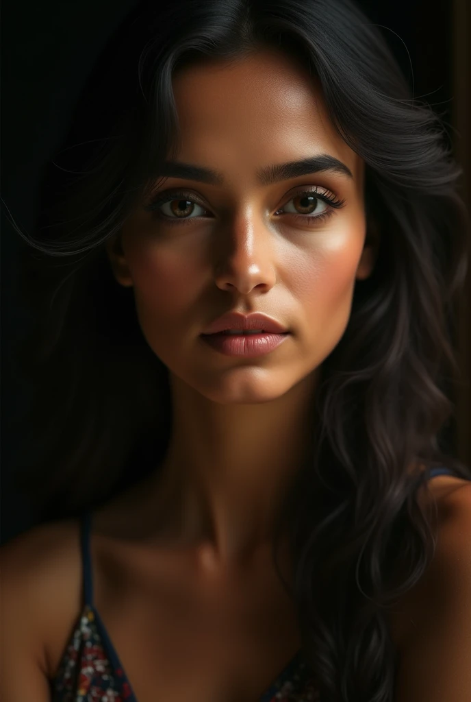 a beautiful mysterious Indian woman, intricate detailed face, piercing eyes, long eyelashes, delicate skin, natural beauty, flowing hair, candid elegant pose, dramatic lighting, cinematic mood, vibrant color palette, chiaroscuro lighting, high quality, photorealistic, 8k, intricate details, professional rendering