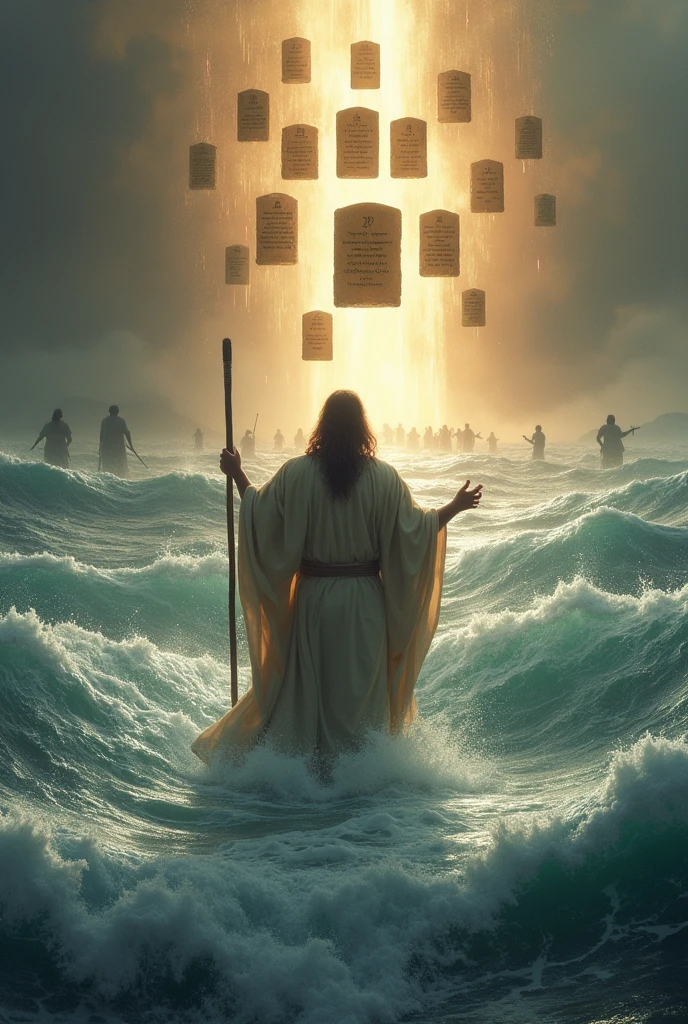 Moses with his back turned parting the ocean, surrounded by 10 stones with the 10 commandments levitating