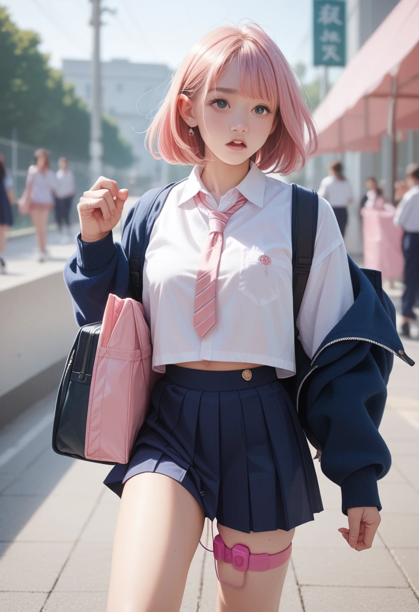 A female high schoolto school with a pink vibrator on her pussy、Juice running down thighs