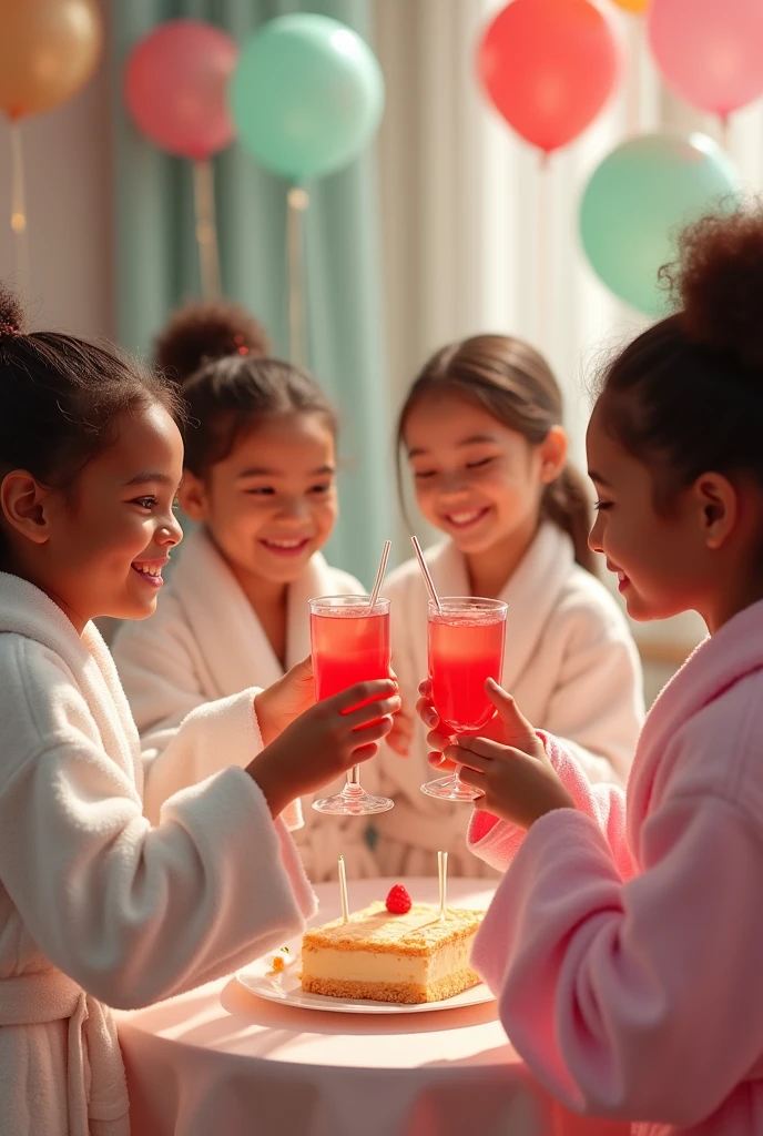 
birthday party at spa  girls white and pink bathrobe 8 year old girls little girls balloon party  girls of all races toasting red non-alcoholic drinks and cake 