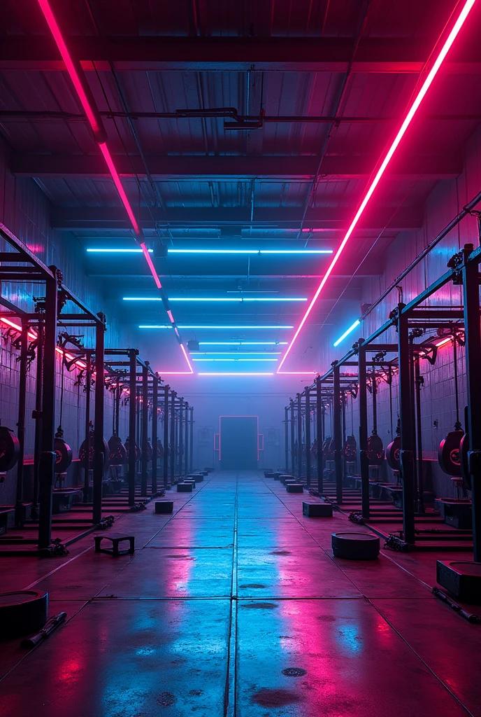 CrossFit warehouse with neon lights and no people 
