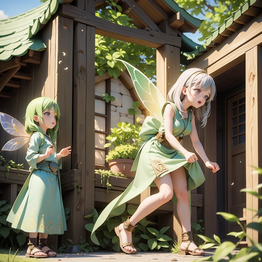 Celtic mythological priestess in long dress、House of Taiki、There are fairies flying around