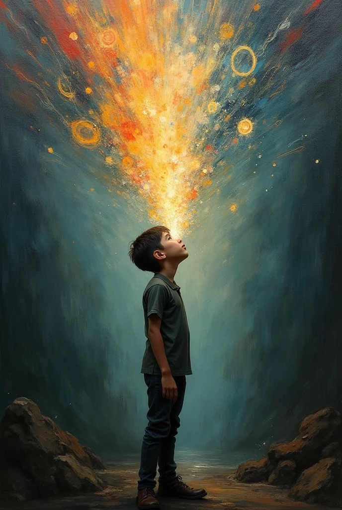 Create a figurative image for a painting of a quiet boy born in a noisy world, who doesn't speak but when he does, it is a wow. A dramatic painting where the boy finally speaks. The world around him seems to pause, and his words are visualized as powerful, glowing symbols or waves breaking through the noise.