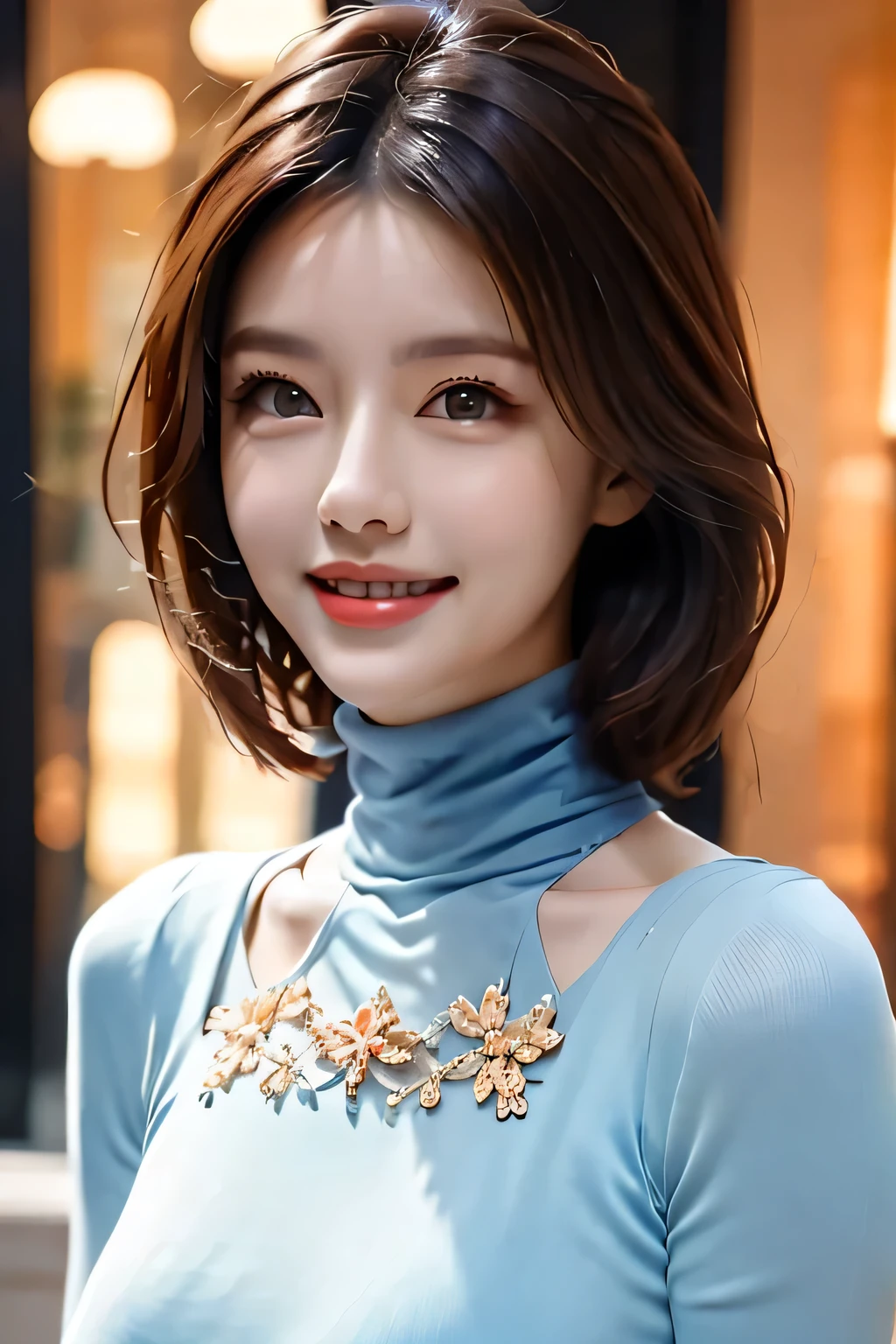 ((masterpiece)), ((Highest quality)), ((Complex)), ((Surreal)), (Realistic), (Mature Woman), ((There are no classes)), Very detailed, (1 female), Beautiful and exquisite, (Beautiful Teeth), Grin, Brunette bob hair, Brown eyes, ((Blue turtleneck)), (Upper Body), (background:none), Perfect Eyes, Captivating eyes, Looking at the audience