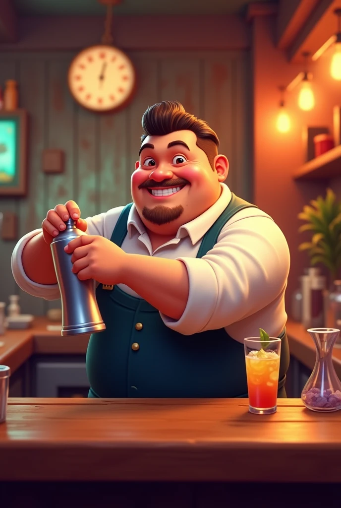 create a logo for a bar called "Jose&#39;s Bar" with bartender theme, that the man is a little chubby and does not have a beard or mustache and is shaking a shaker. that the illustration be set in 3d

