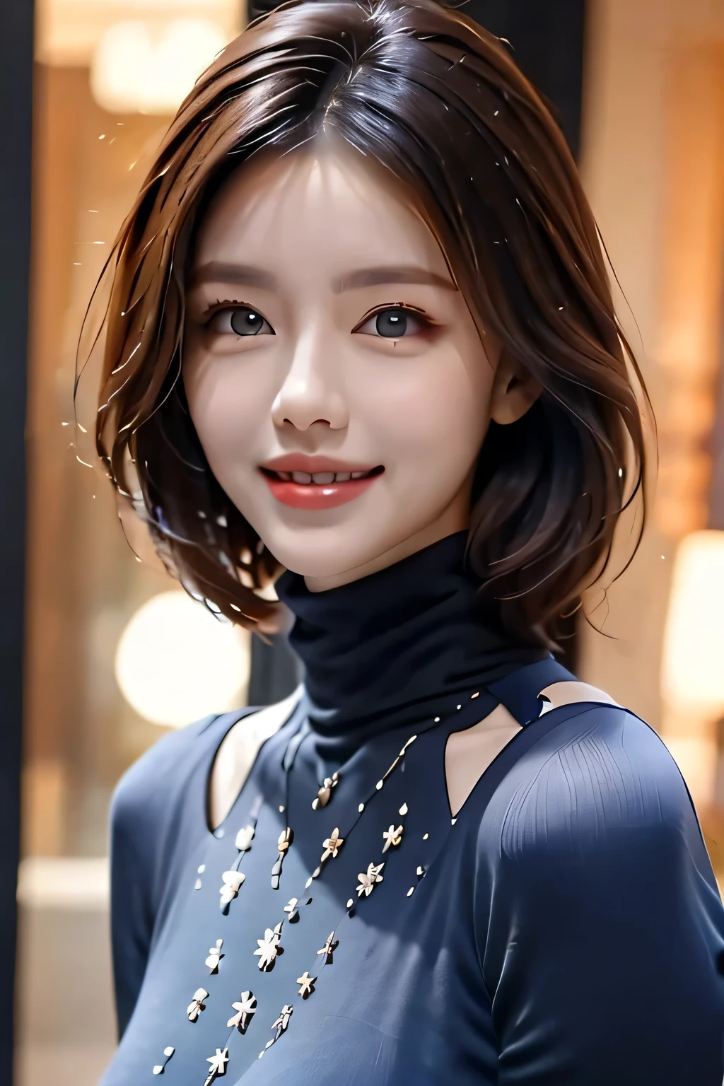 ((masterpiece)), ((Highest quality)), ((Complex)), ((Surreal)), (Realistic), (Mature Woman), ((There are no classes)), Very detailed, (1 female), Beautiful and exquisite, (Beautiful Teeth), Grin, Brunette bob hair, Brown eyes, ((Blue turtleneck)), (Upper Body), (background:none), Perfect Eyes, Captivating eyes, Looking at the audience