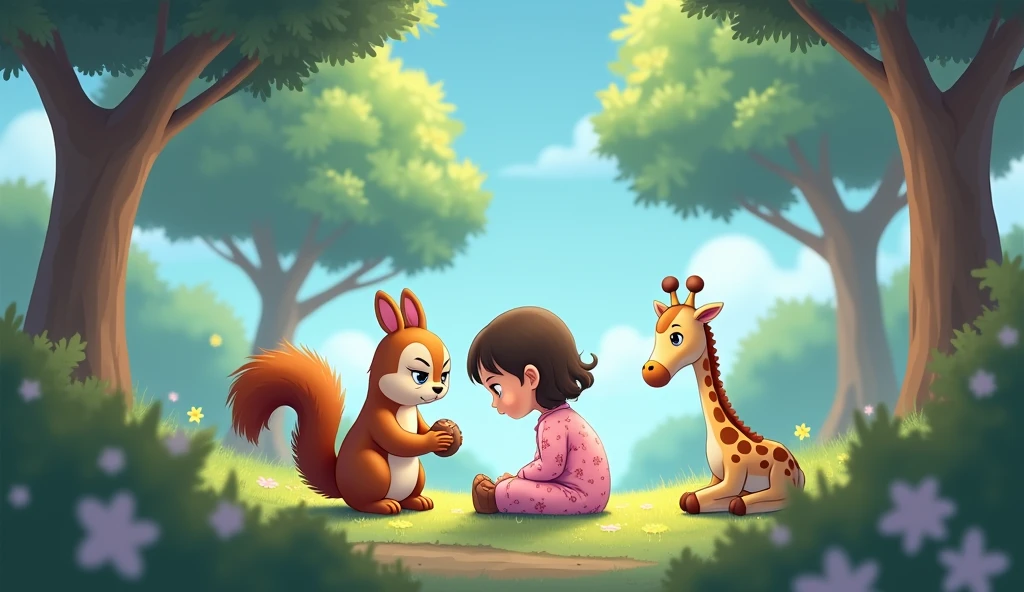 Very sad squirrel with sad face with nut sits with plush giraffe and little cartoon girl in pink pajamas