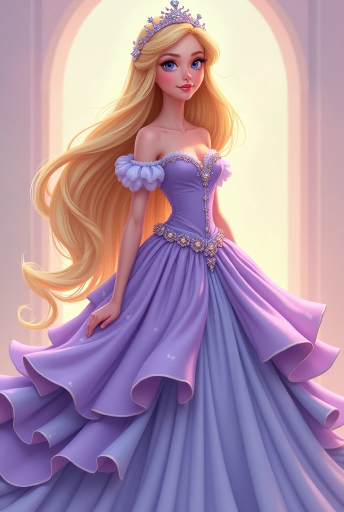 A girl with long blonde hair with a beautiful face , have a tiara and wears a pastel purple and blue gown with ruffles like the rococo era outfits , and have a old disney animations artstyle