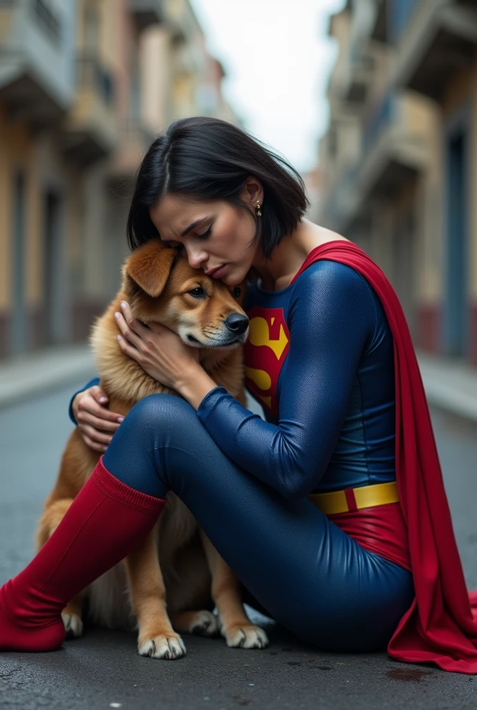 Short haired brunette woman wearing a superman costume, physically strong, sitting on the asphalt street, Hugging a dog, Grieving, side perspective, sobbing. brazil.