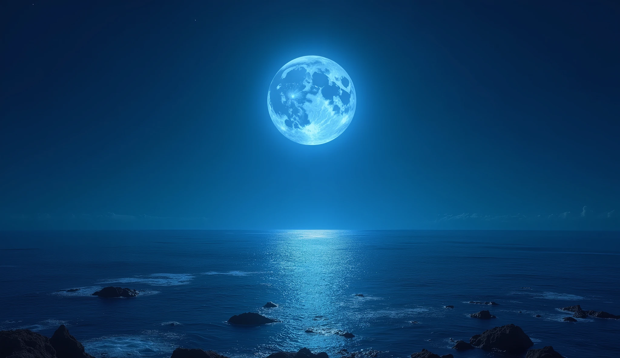 The magnificent sight of a full moon over the vast ocean, Blue Moon Light, (The blue night is very bright,Almost the same as during the day), The blue glow has the Tyndall effect, Soft blue night light, Blue vibe, Moon Landscape, deep Blue vibe, blue glow, blue sunset, Blue Moonlight, Moon surface, dark blue planet,There is seawater,(There are reefs exposed above the water),The sea water reveals the moonlight under the reflection of the moon,(The moon is in the upper center of the picture,The whole picture is blue)((The whole picture is very clear and bright,You can see the outlines of various objects))