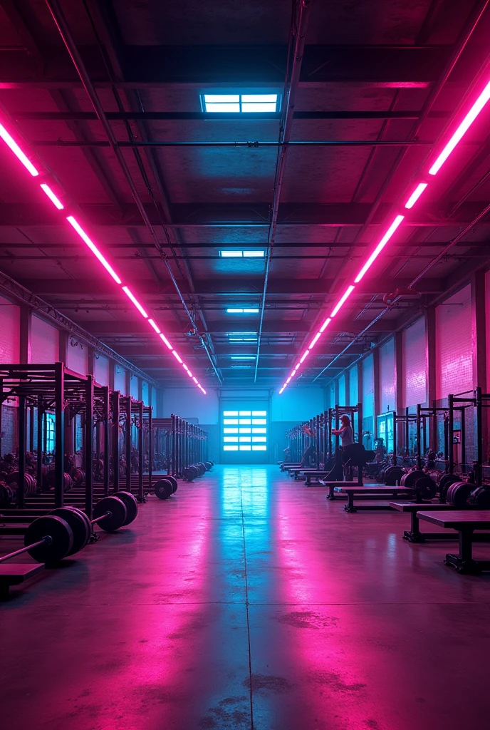 CrossFit warehouse with neon lights and no people