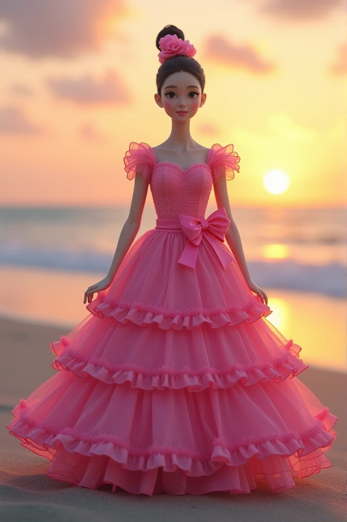 Japanese people nobita wearing a pink barbie dress on the beach at dusk