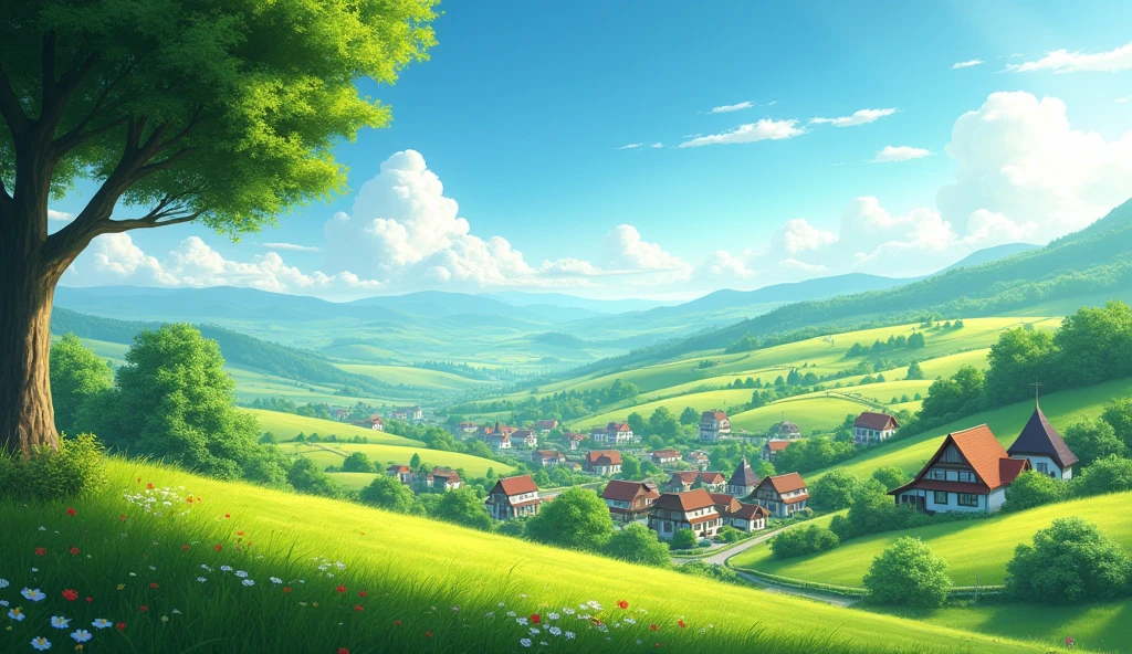A beautiful modern village, rolling hills , closer tree on the left, fields, small red flower,blue sky, sun, detailed landscape , 8K, highly detailed, realistic, HDR,