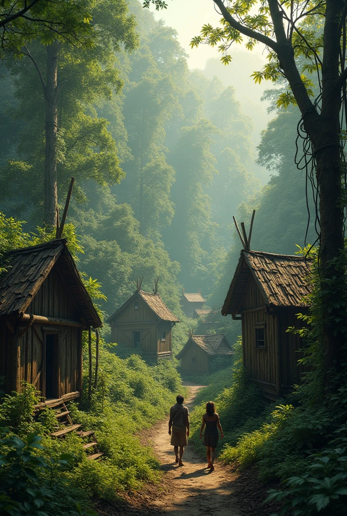 un forêt avec un groupe de 100 personne dans un monde apocalyptique avec des maison en bois