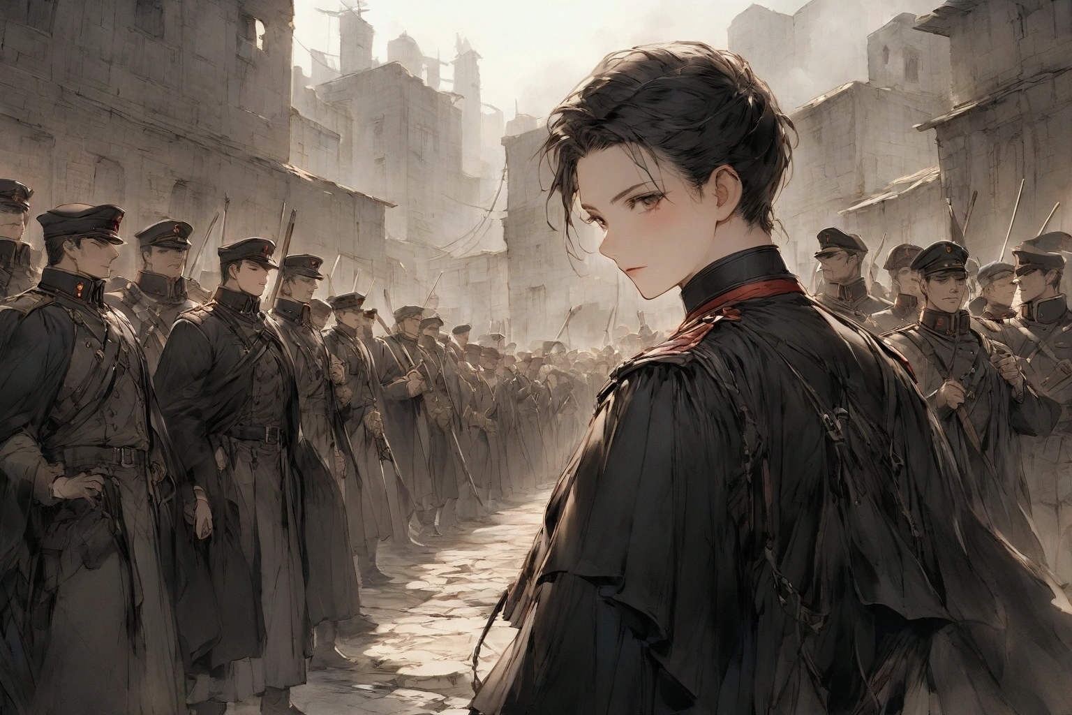 Human soldiers，Multiple young men and women，at night，barracks，Modern military uniform，Wearing Napoleonic-era military uniform，French army，Black and white military uniform，身穿拿破仑时代French army军装，Celebrate the victory，A man is wiping a stick，blue Champagne，欢快的Celebrate the victory，Holding a red and black rag，一个人在画面中心Holding a red and black rag布高唱着，field，The background is a city ruins，No more than 10 people，