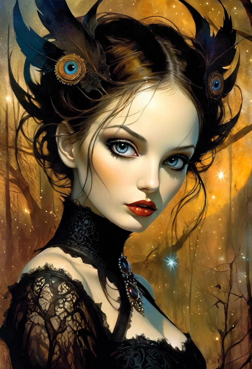 portrait, elegant frame, sexy monster girl, long dark-brown straight hair, sexy, small breasts, sexsexsex, dirty black booger costume, elegant victorian era dress, magic, fantasy, sinister forest background at night, with stars and nebulae,(best quality, 4k, 8k, high resolution, masterpiece: 1.2), ultra-detailed, (realistic, photorealistic, photorealistic: 1.37), details intricate, vivid colors, sharp focus, professional, Dave McKean artwork, surrealism oil touch, oil painting style, portrait, woman, beautiful detailed eyes, beautiful detailed lips, dreamy atmosphere, shadow play, lighting soft, fun pose, dark tones, ethereal background, fantasy elements, texture, layered composition., art inspired by Bill Sienkiewicz and Dave McKean
