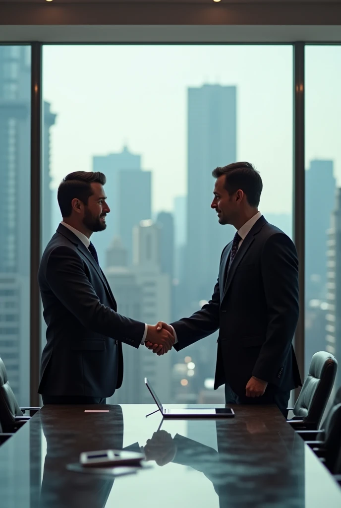 "Create an image of technology billionaires shaking hands to finalize a business deal. Depict two or more high-profile executives in a modern, upscale setting, such as a sleek boardroom or a sophisticated office. The individuals should be dressed in sharp, professional attire, showcasing their status and success. The scene should capture the moment of agreement with a firm handshake, symbolizing the completion of a significant deal. Include elements like large glass windows with city views, high-end furniture, and subtle technological devices like tablets or laptops on the table to enhance the corporate atmosphere. Use polished, refined lighting and elegant colors to emphasize the exclusivity and importance of the transaction."