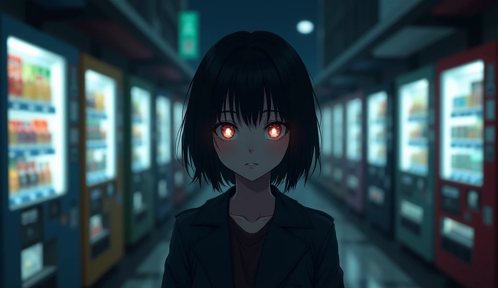 20 year old girl, (Vending machines lined up), japan, ((night)), 90s, (best quality: 0.8), (best quality: 0.8), Perfectly animated illustrations, dark and unclear face, shining eyes
