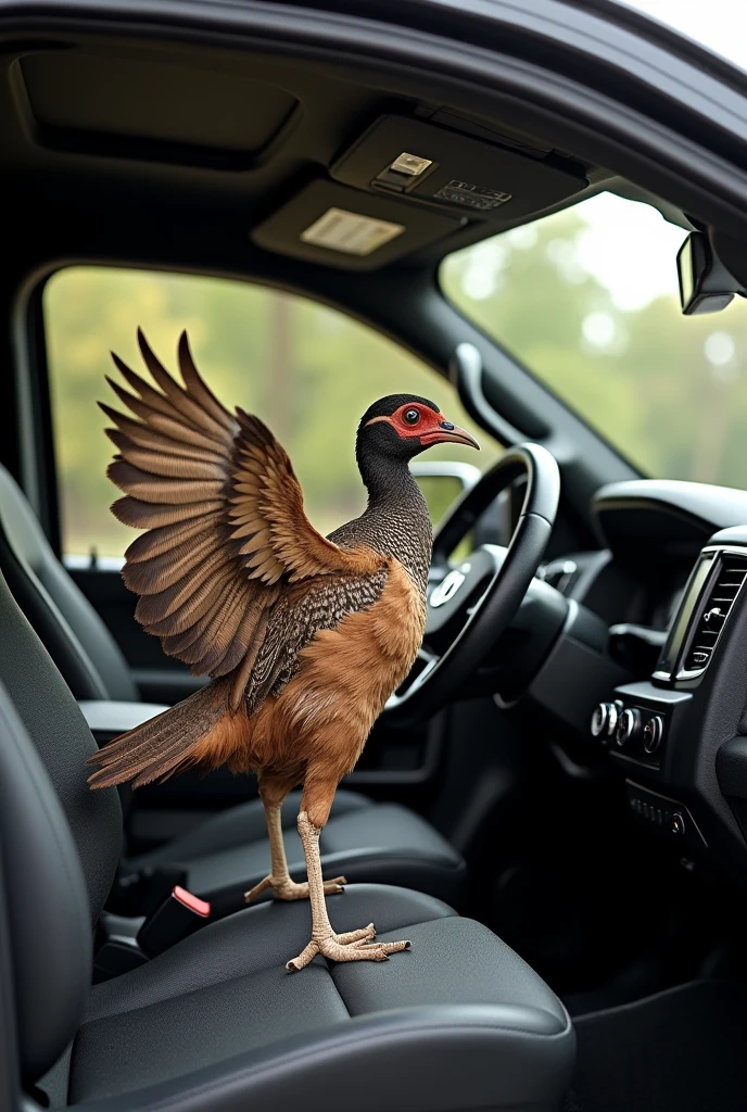 Make a Brazilian partridge (rhynchotus rufescens ) driving with the wings a black RAM 3500 the partridge driving with the wings the partridge INSIDE THE CAR perfectly and with the WINGS HOLDING THE STEERING WHEEL NOT THE LEGS and LEAVE THE HEAD BROWN and PUT( THE WINGS HOLDING THE STEERING WHEEL) WINGS legs must be seated 

