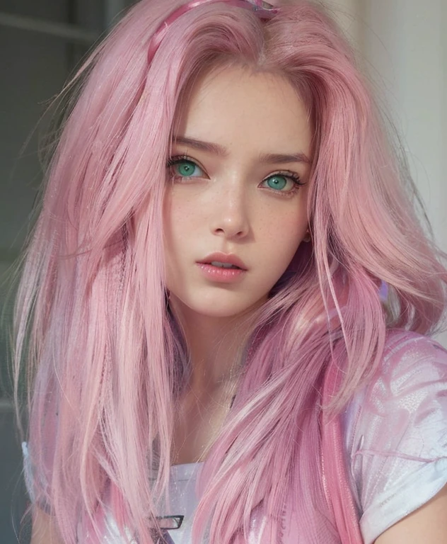 young woman, peach skin, short pink hair, wide forehead, big green eyes, buttoned nose, big pink lips, slender body, small breasts, medieval period clothing, deep neckline, Sakura Haruno, 3d
