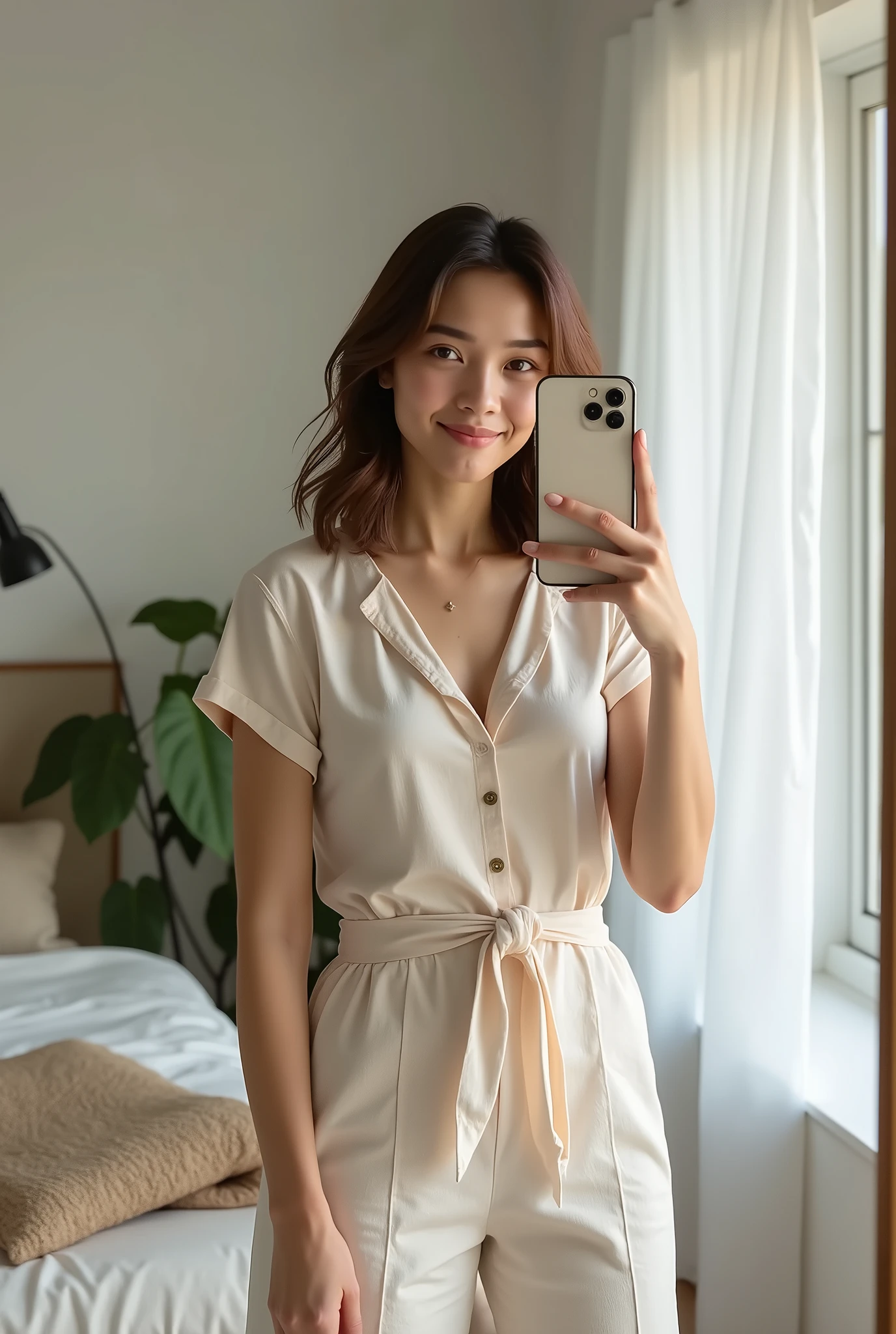 A young Caucasian woman in her twenties with slightly wavy, shoulder-length brown hair is standing in her modern bedroom. She wears a lightweight cotton jumpsuit in a pastel color (like light blue or lavender), with thin straps and a subtle V-neckline. The jumpsuit is fitted at the waist with a matching belt. Her hair falls in natural curls around her face. She holds her smartphone with one hand in front of her mirror, capturing a photo of herself. His expression is calm and cheerful, showing a feeling of comfort and lightness. The room is modern with neutral colors, minimalist furniture, and a potted green plant in the corner. There is a large framed mirror against the wall behind her, reflecting part of the room. Natural light enters through a large window to its left, creating a bright and airy ambiance. Details like a textured cushion on the bed, a natural fiber rug, and a modern lamp add an elegant touch to the scene.
