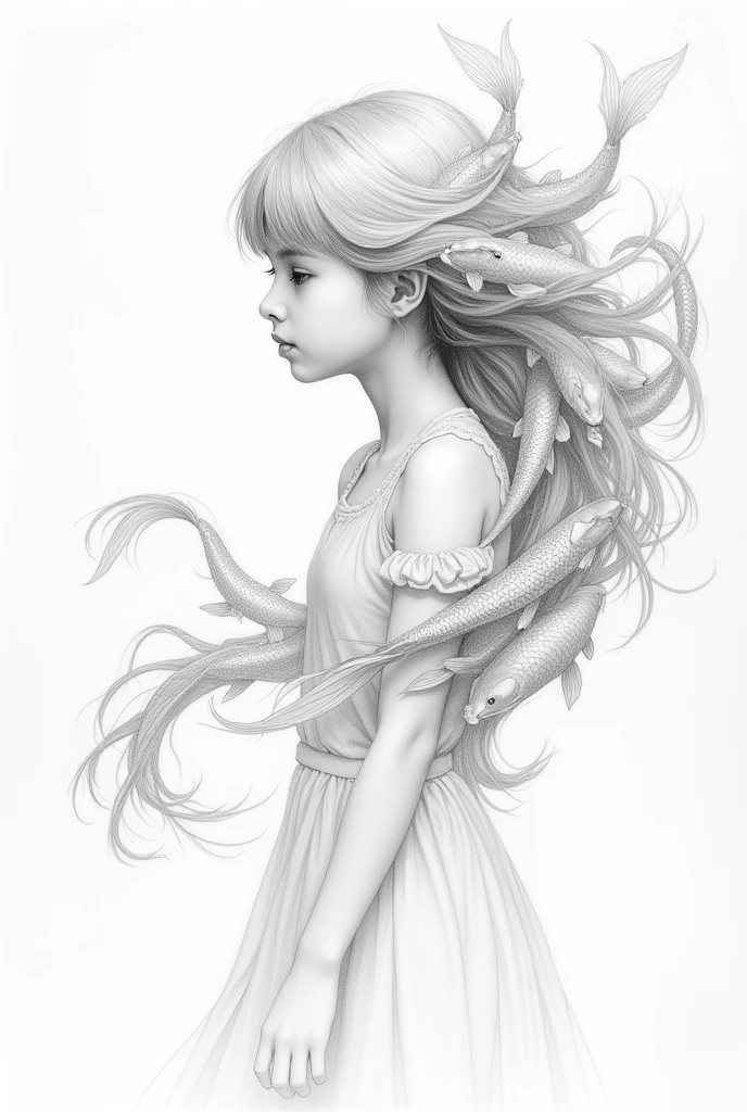 A pencil sketch of a girl who's long flowing hair turns into koi fishes, greyscale
