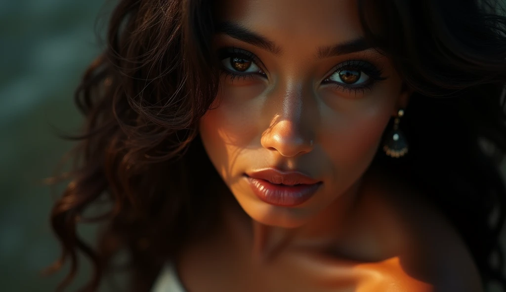 a beautiful mysterious Indian woman, intricate detailed face, piercing eyes, long eyelashes, delicate skin, natural beauty, flowing hair, candid elegant pose, dramatic lighting, cinematic mood, vibrant color palette, chiaroscuro lighting, high quality, photorealistic, 8k, intricate details, professional rendering